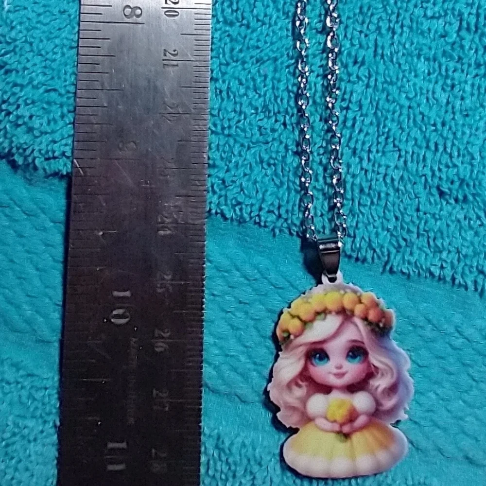 Cute Girl Pendant with Yellow Flower Crown pink hair blue eyes